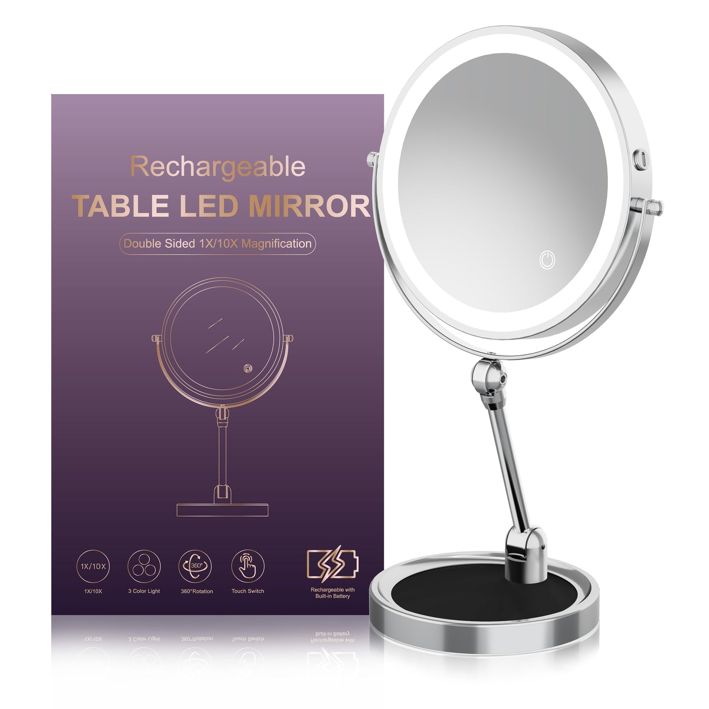 Rocollos Tabletop Makeup Mirror with Built-in Vanity Tray, 9" Rechargeable 4000mAh Lighted Vanity Mirror 1X/10X Magnification, Height-Adjustable Arm, 3 Color Dimmable (Nickel)