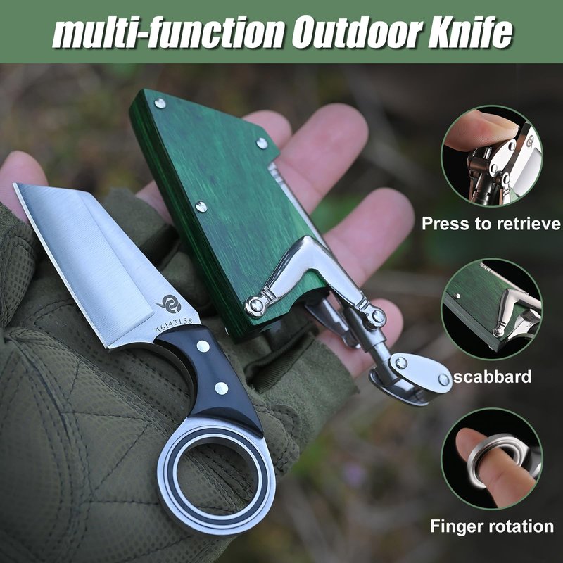 LEASUR Small Pocket Knife with Mechanical Arm and Wooden Sheath, Fixed Blade Knife For Keychain, Box Cutter, Fishing, Camping Tactical Knives, Cool Gadgets for Men (Green)