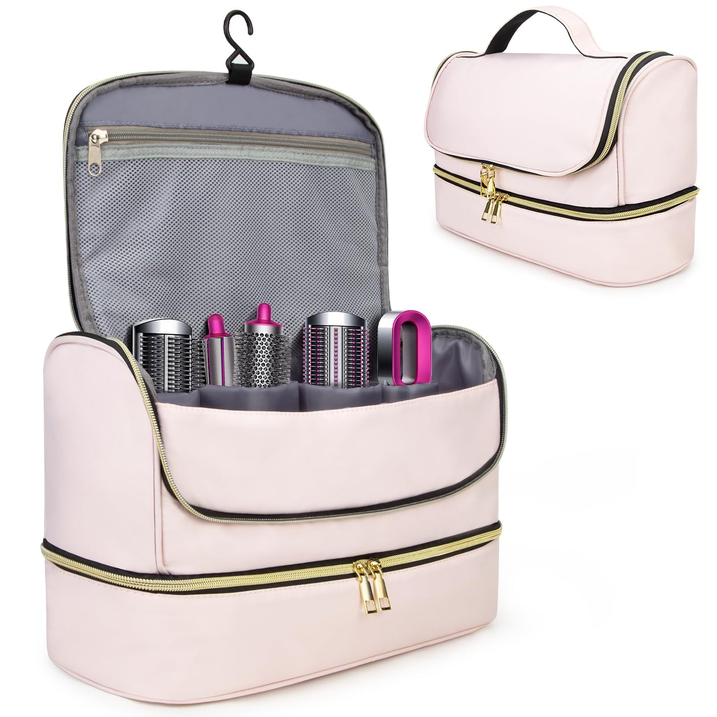 Double-Layer Travel Case for Dyson Airwrap, Shark Flexstyle Travel Carrying Case, Waterproof Portable Storage Bag for Dyson & Shark Hair Dryer/Styler/Airwrap/Attachments, Gift for Women (Pink)