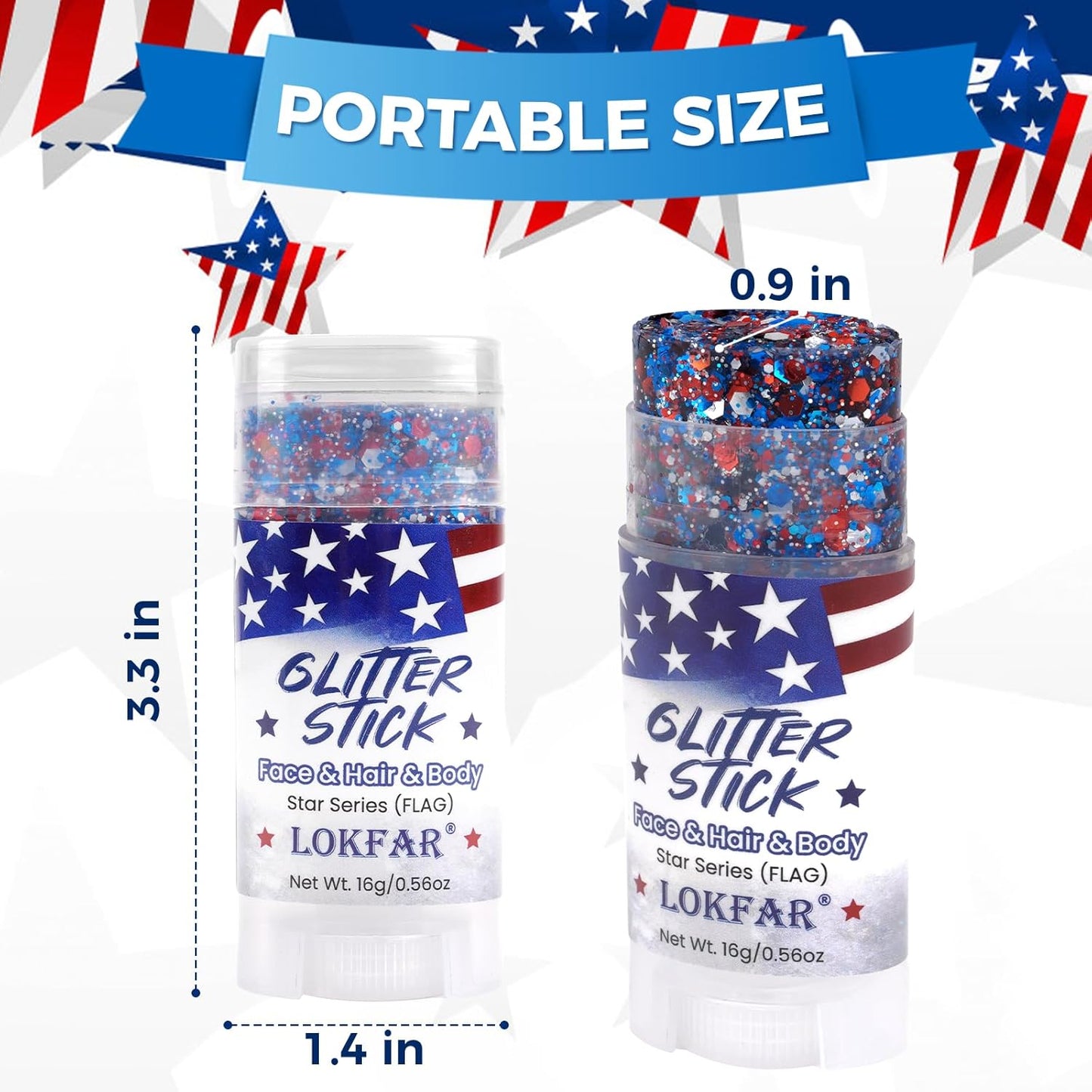 Patriotic Hair Glitter - 4th of July Glitter Stick for Face & Body | Red, Blue & White