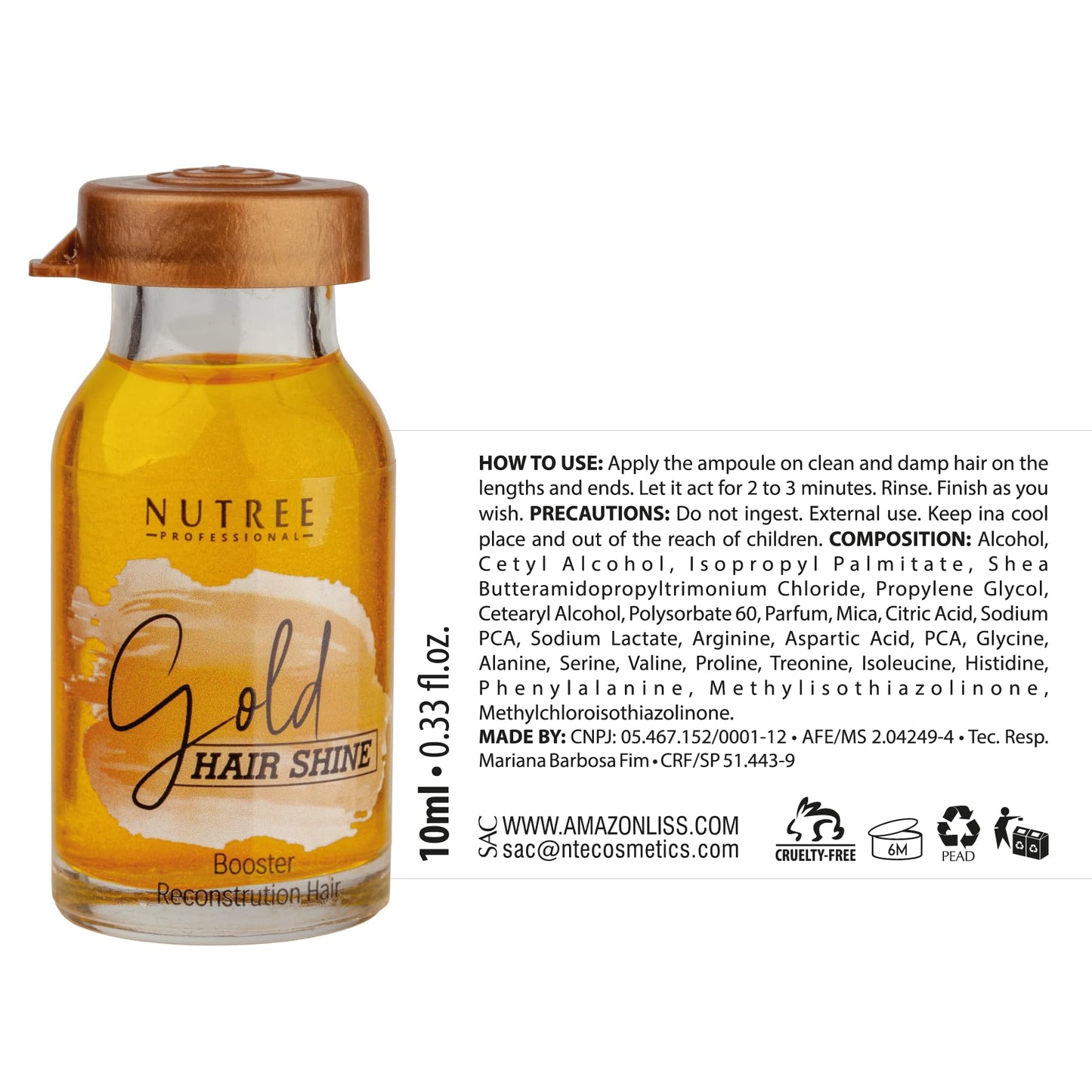 Gold Hair Shine Ampoule Booster Reconstruction Treatment with Shea Butter and Amino Acids – Deep Conditioning Serum for Smooth Soft and Shiny Hair – 0.33 fl oz