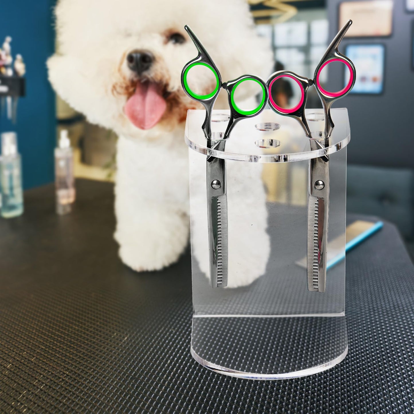 Hedume 2 Pack 6 Holes Clear Acrylic Scissors Holder Rack, Salon Shear Holder, Barber Shop Scissors Stand, Desktop Hairdresser Scissors Combs Clips Organizer