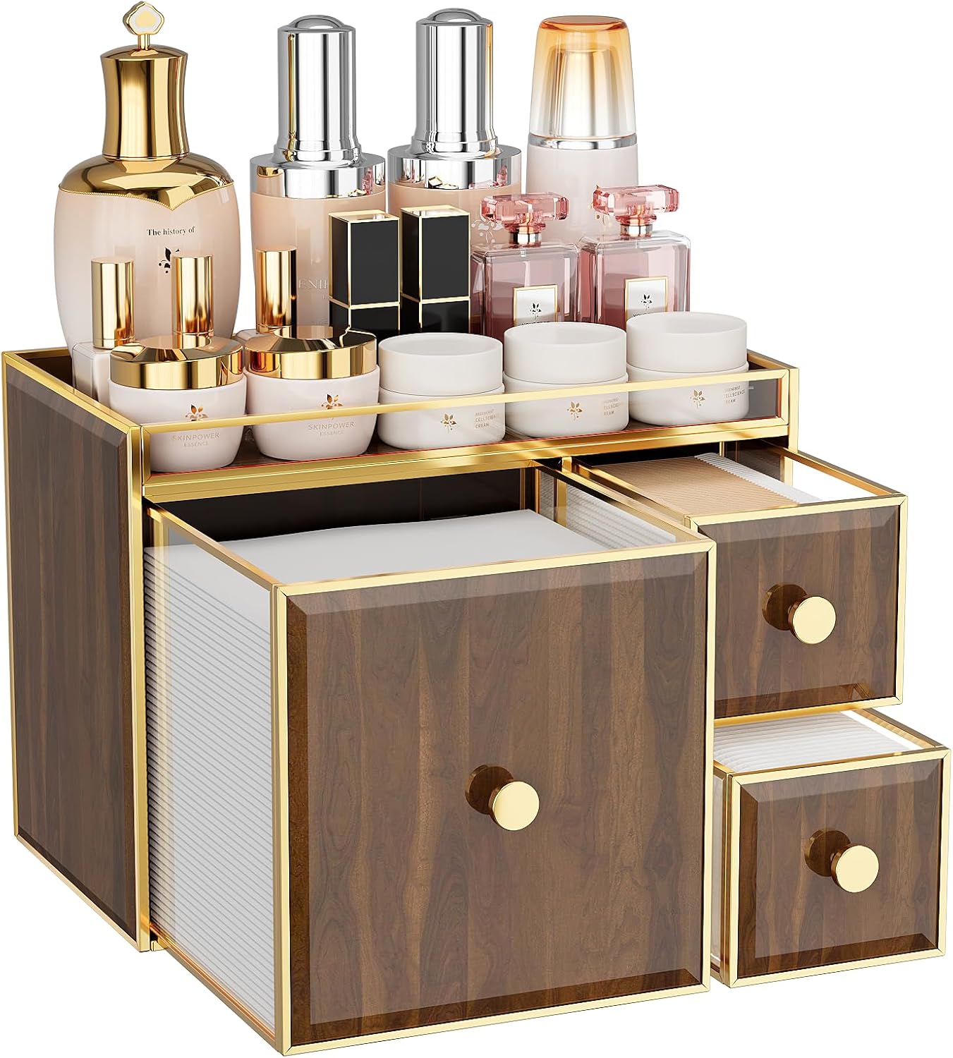 Tempered Glass Face Towel Holder - 3 Drawer Bathroom Vanity Organizer for Towels, Cotton Pads & Skincare Tools