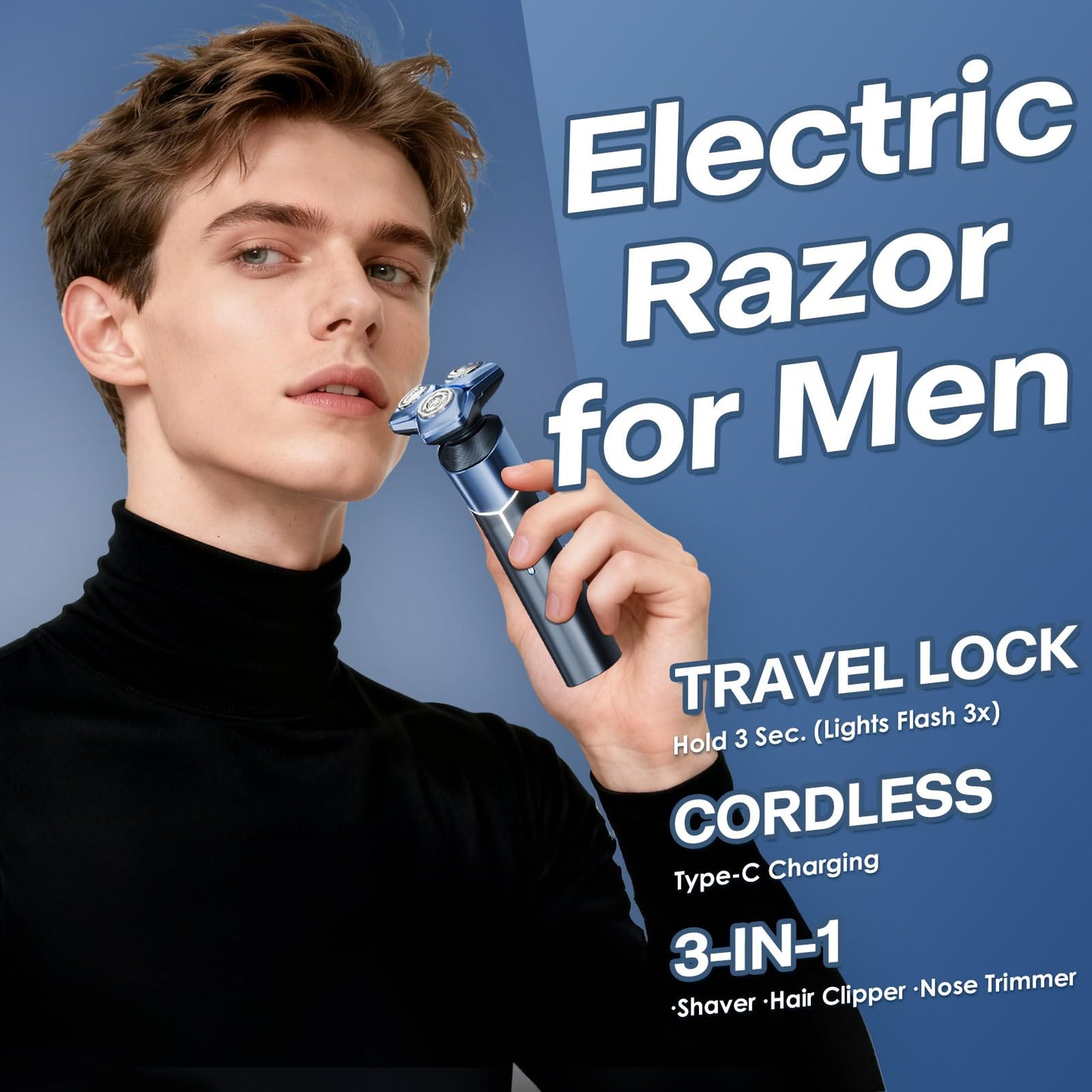 Electric Razor for Men: 3-in-1 Shaver with Hair Clipper and Nose Hair Trimmer, Metallic Blue
