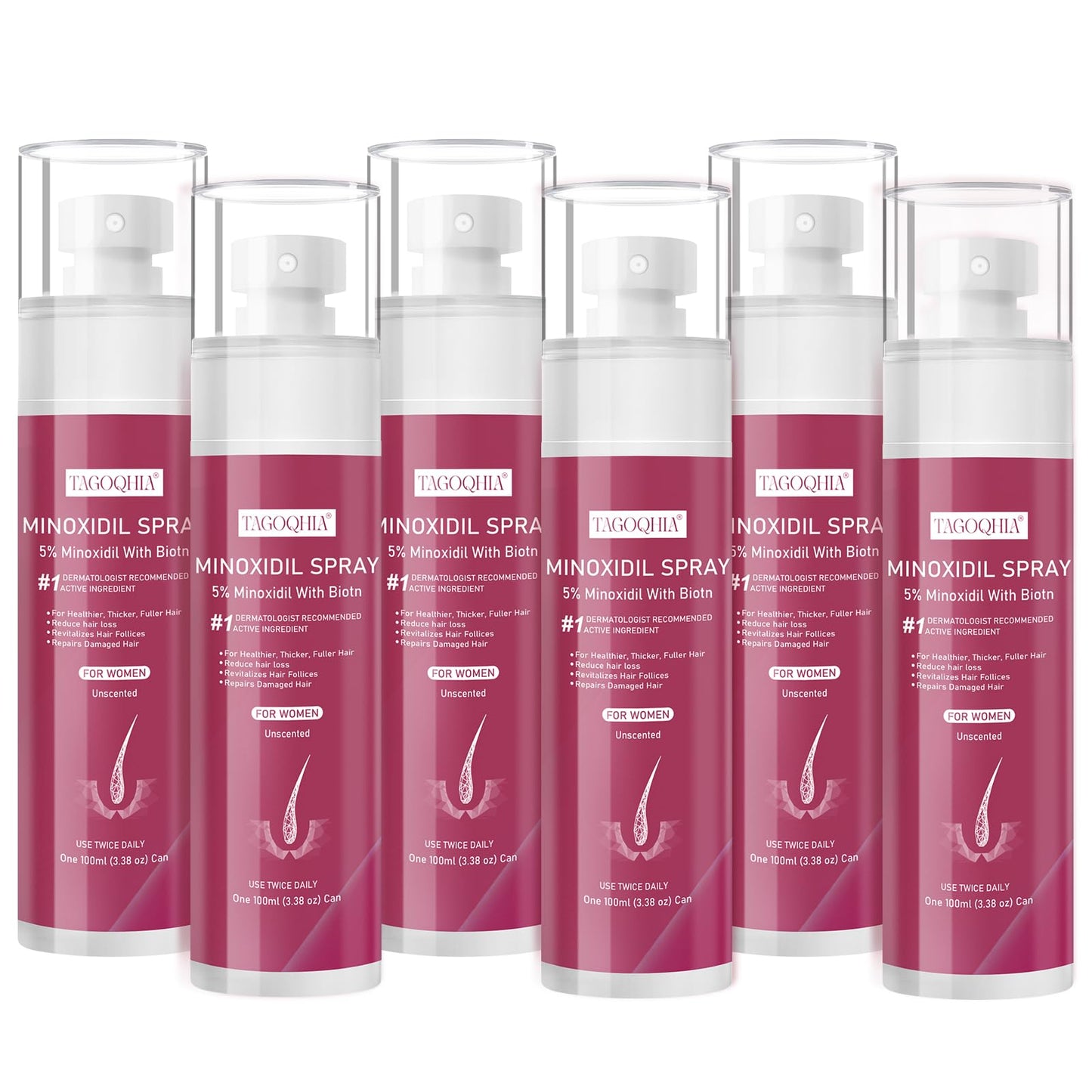 5% Minoxidil for Women Hair Regrowth Spray, hers hair regrowth treatment Infused with Biotin, Extra Strength Treatment to Combat Hair Loss and Thinning, 6 Bottles(100 Ml)