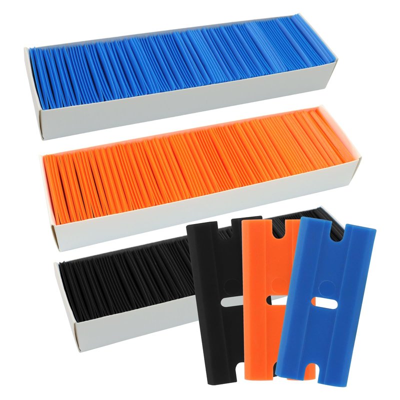 Litoexpe 300 Pcs Double Edged Plastic Blades, Replacement Blades Safety Glass Scraper Plastic Razor for Removing Decals Adhesive Residue Glass Cleaning (Black, Blue, Orange)
