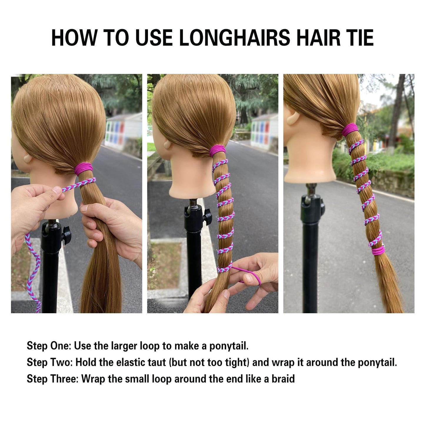 3 Packs 16" Hair Ties No Metal Hook for Women, Elastic Hair Bands for Short Fine Hair Workout Ponytails Holders Stong Strechy Pony Tail Wrap Hair Tie for Swimming Motorcycle Rides Sports