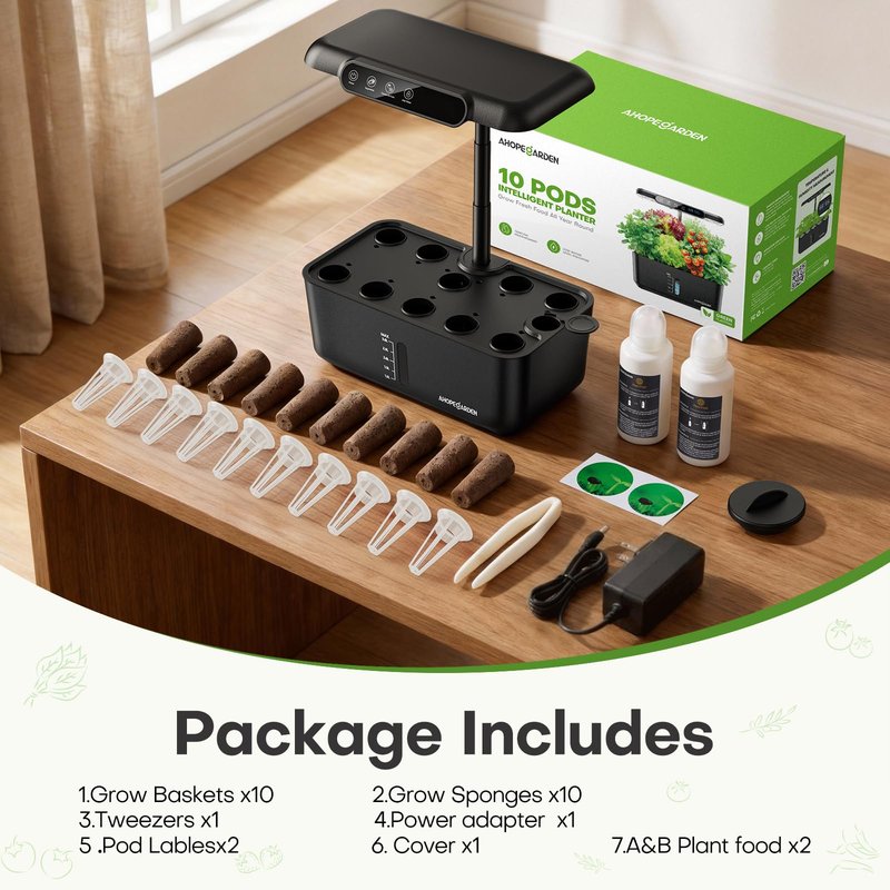 Ahopegarden Hydroponics Growing System Herb Garden: 10 Pods Indoor Garden Kit with LED Grow Light and Smart Temp & Humidity Display - Plant Germination Kit for Home Kitchen