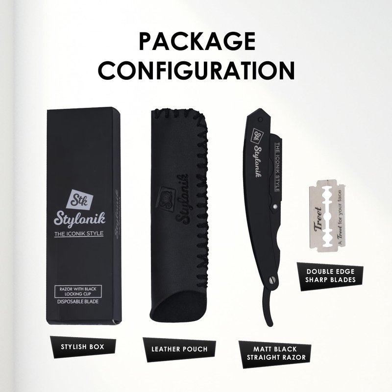 Stylonik Straight Razor for Men – Professional Straight Edge Razor Kit for Men with 60 Single/30 Double Sided Straight Razor Blades and Barber Razor Leather Case