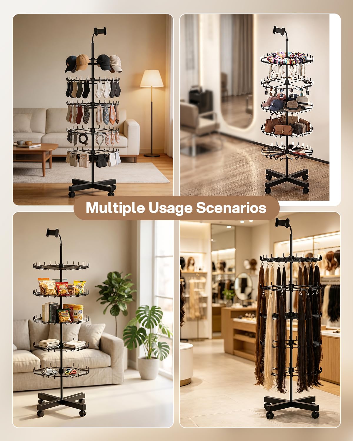 FOOGWEE Braiding Hair Rack Divider Stand with 140 Pegs,Adjustable Rotation Wheels & Phone Holder - Accessories (Combs, Clips) for Braiders,Salon or Home Use (Black)