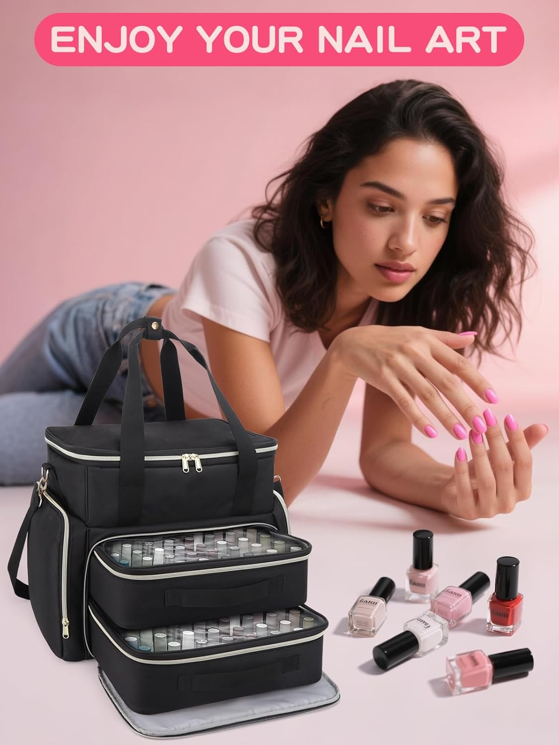 Nail Polish Organizer Case - Holds 96 Bottles (15ml) & Nail Dryer | Gel Polish Bag with 2 Removable Pouches, Black