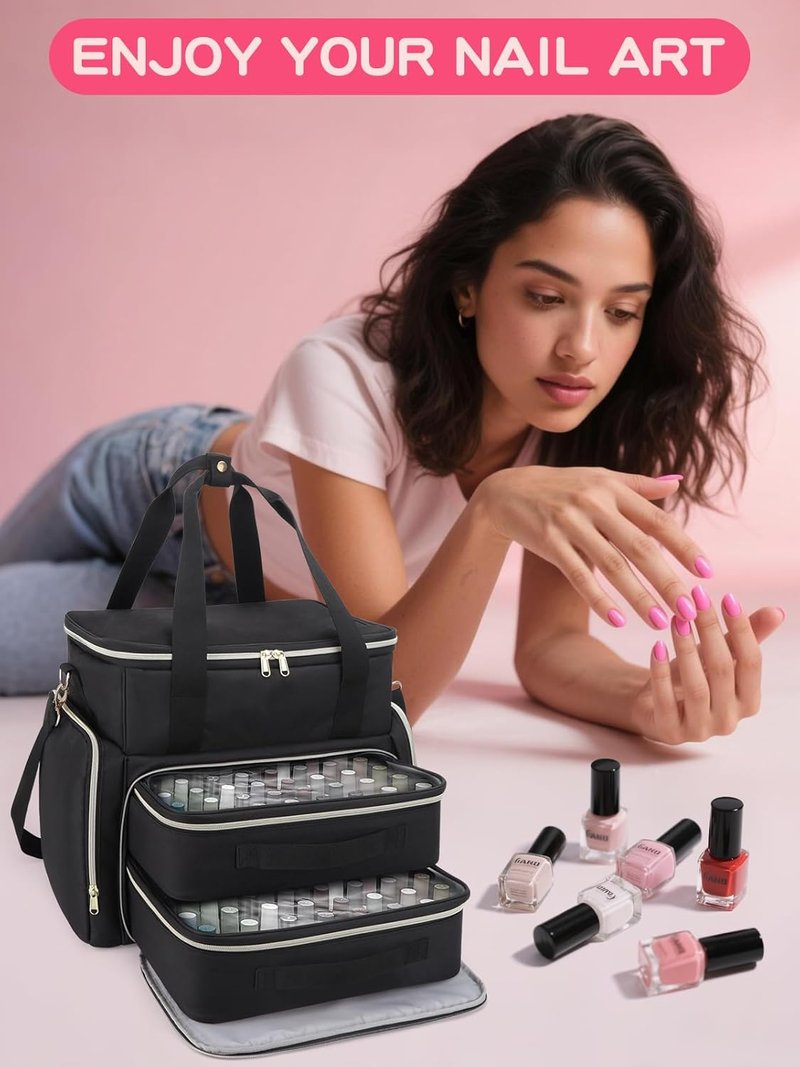 Nail Polish Organizer Case - Holds 96 Bottles (15ml) & Nail Dryer | Gel Polish Bag with 2 Removable Pouches, Black