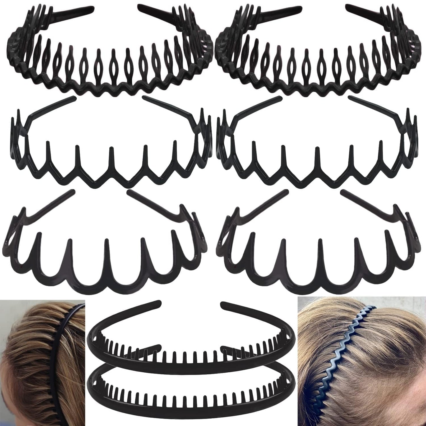 Effortless Black Plastic Headbands - 8 PCS No-Slip Hair Accessories for Women, Men & Teens