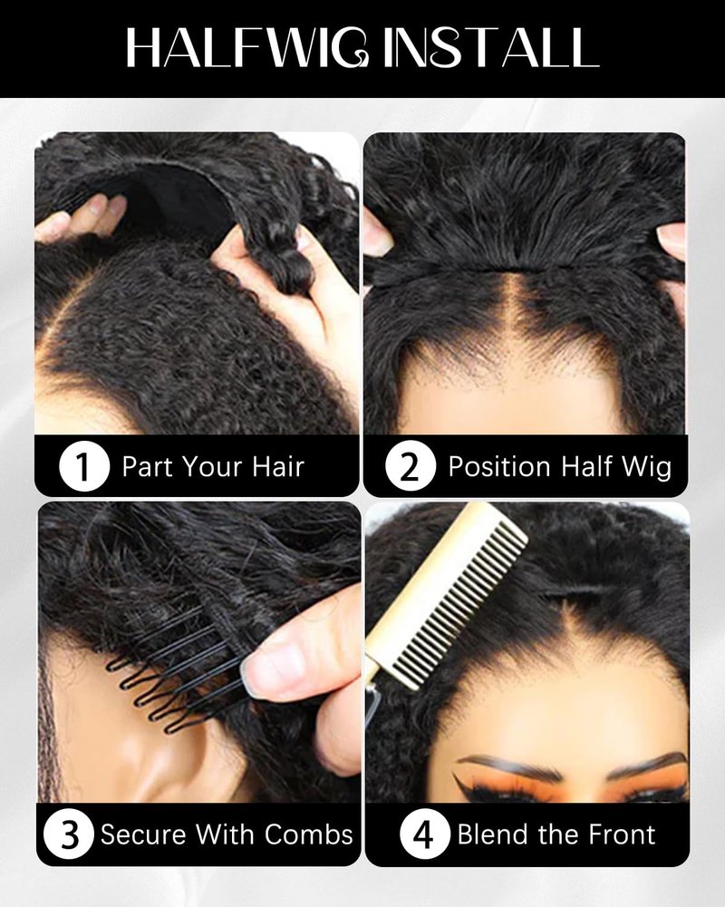 Burmese Curly Half Wigs - Human Hair Glueless Flip Over | 18-Inch Natural Black, 180% Density for Easy Wear