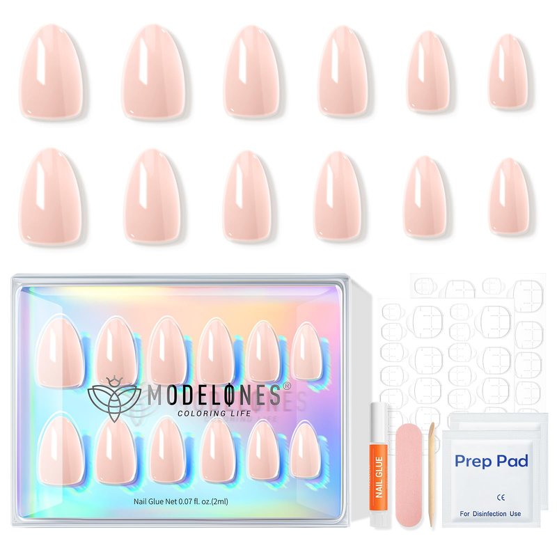 Modelones Chrome Pink Press on Nails, Summer Pearl Short Almond Fake Nails, Reusable Nail Kit with Nail Glue Adhesive Tabs Mini Nail File, Nails Press Ons 32 Pcs 16 Sizes
