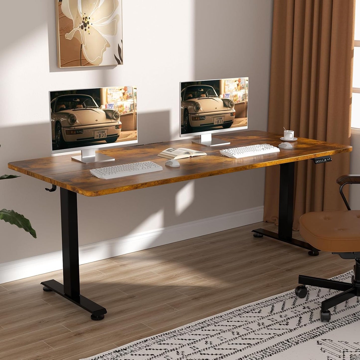 Veken Electric Standing Desk - 55 Inch Height Adjustable Home Office Table | White Wooden Desktop for Work & Study