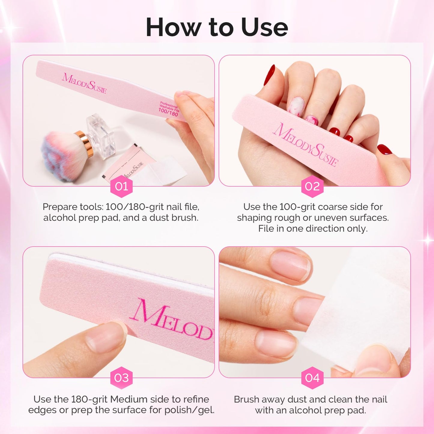 MelodySusie 4Pcs Professional Nail Files 100/180 Grit, Double Sided Emery Boards for Acrylic, Gel and Natural Nails, Manicure Pedicure Shaping Tools for Home Salon, Pink & Purple