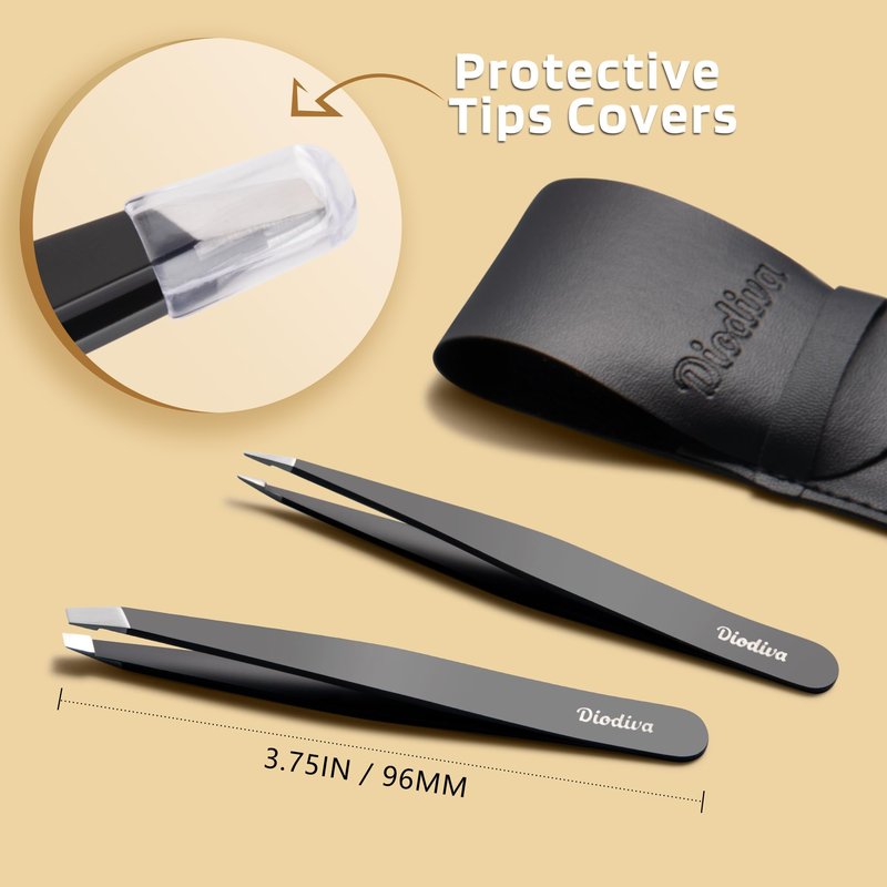 2-Pack Tweezers for Eyebrows, Facial Hair, Ingrown Hair Removal, Slant and Point Tip Tweezer Set for Women and Men, Professional Stainless Steel Precision Eyebrow Plucking Grooming with Case - Black