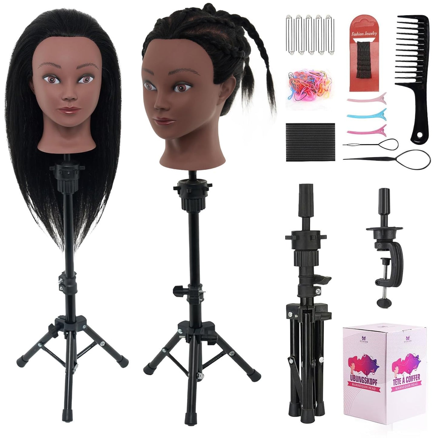 18-Inch Human Hair Mannequin Head for Makeup Practice - Realistic Cosmetology Doll with Tripod Stand | Black
