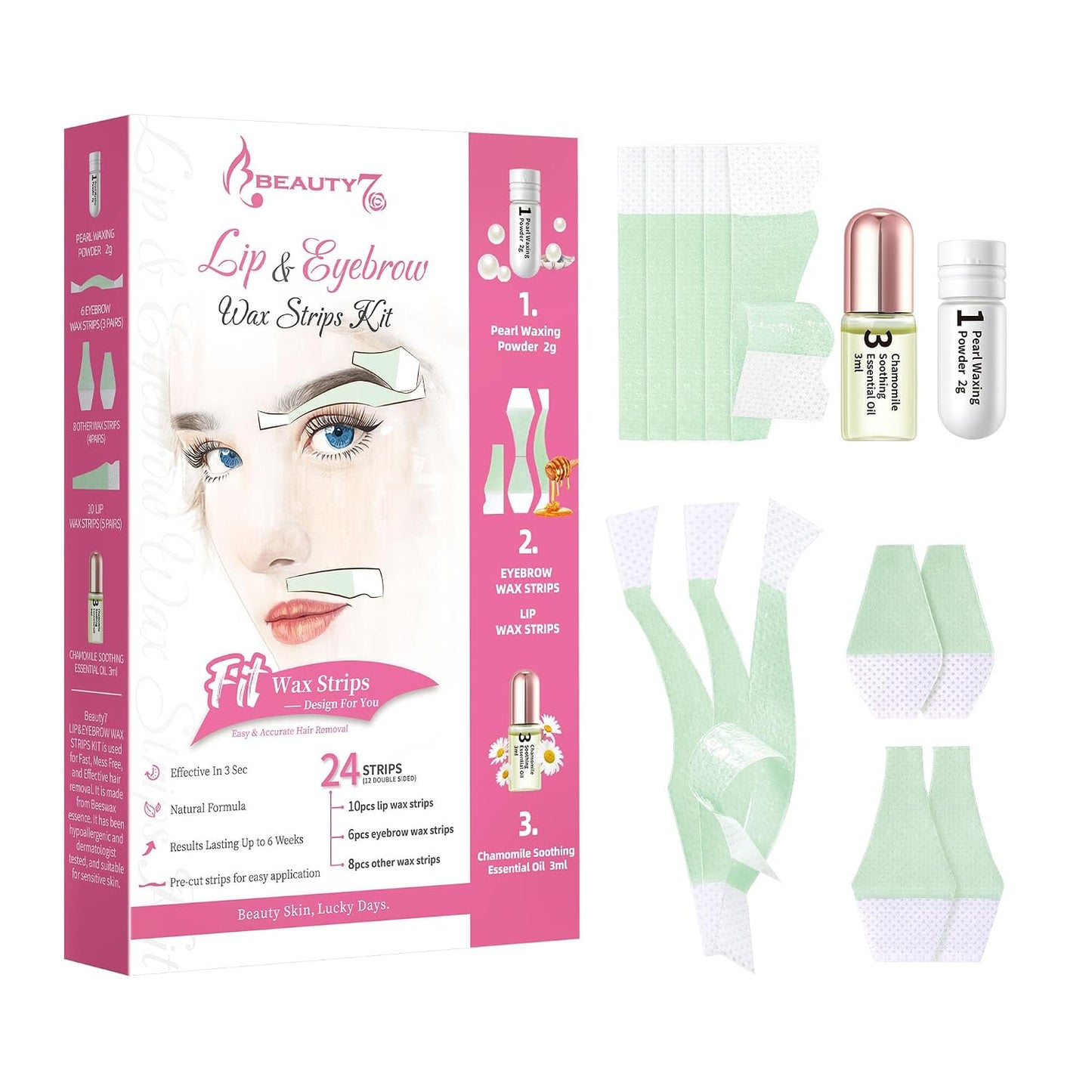 Hair Removal Kit - Eyebrow Wax Strips with Pearl Powder & Essential Oil | 24 Strips for Sensitive Skin