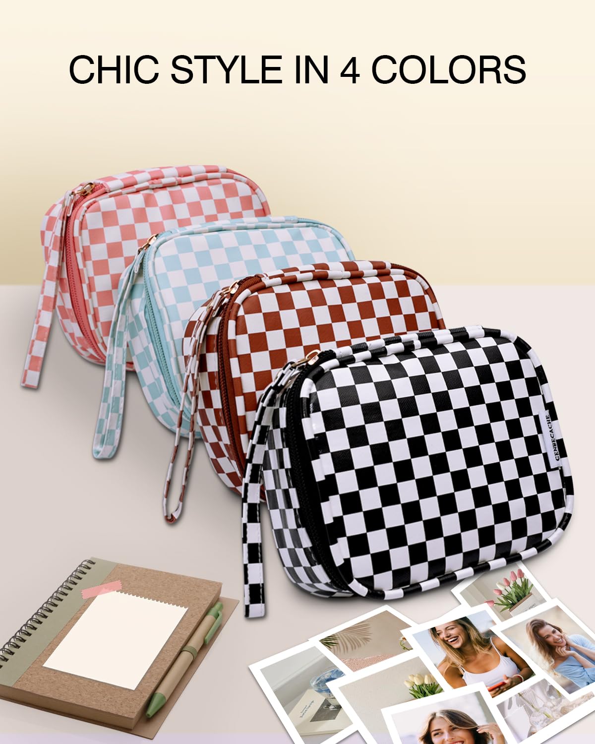 GENBECACHE Mini Cosmetic Bag, Small Makeup Bag for Purse, Zipper Checkered Pouch, Waterproof Packing Bag for Toiletry with Wrist Strap, Black
