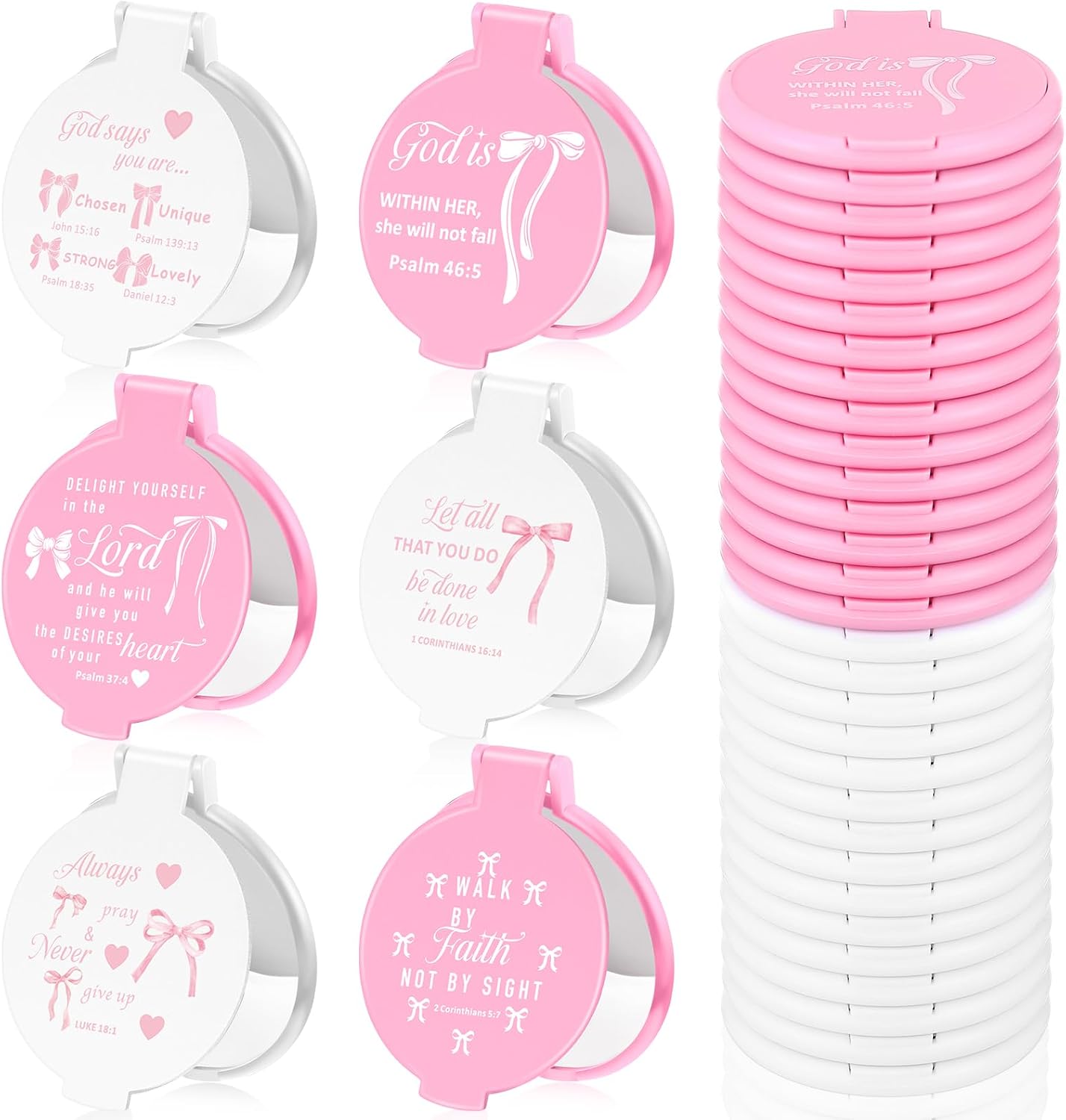 Pink Bow Mini Compact Mirrors - 36 Pcs Portable Round Makeup Mirrors | Perfect Party Favors & Gifts for Women