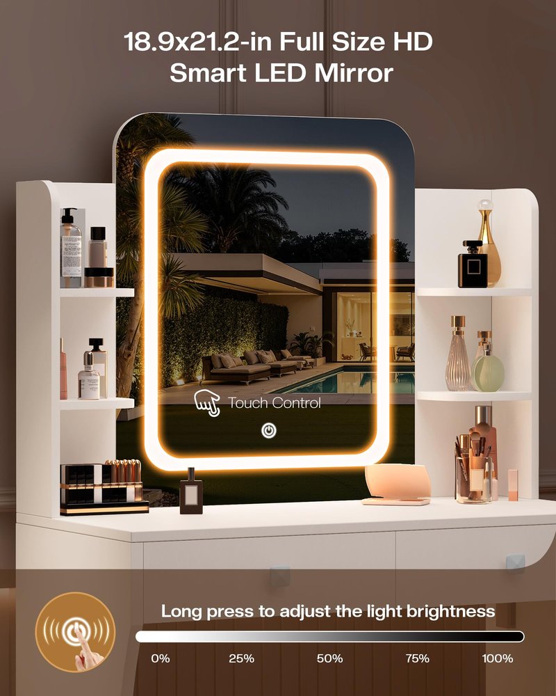 LIVELYGLOW Small Makeup Vanity Desk with Smart LED Mirror & Power Outlet, 29.5" White Vanity Table with Hairdryer Rack, 5 Storage Shelves & 2 Drawers, Compact Dressing Table for Small Spaces