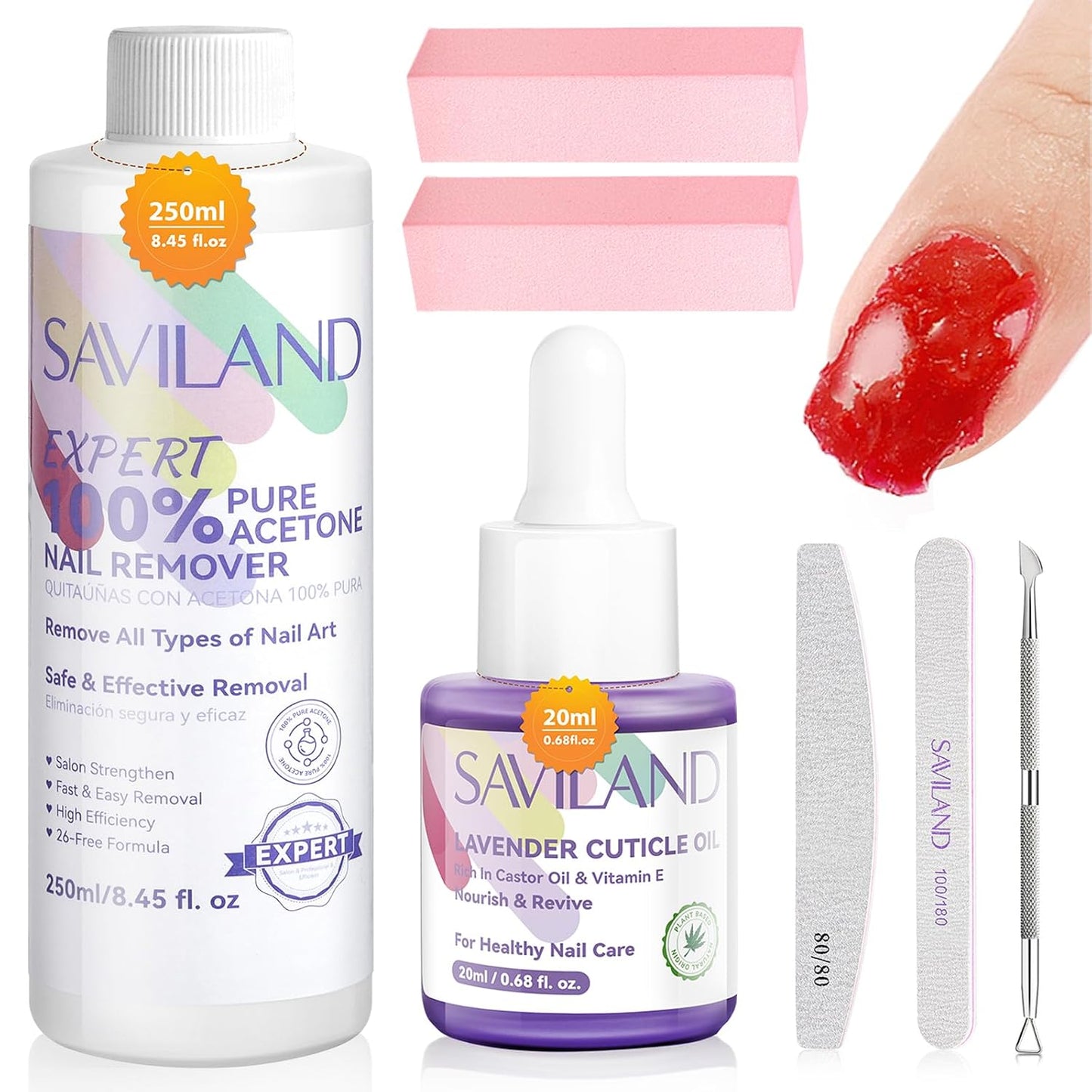 SAVILAND Pure Acetone Nail Polish Remover Kit - 8.45oz Gel & Acrylic Remover with Cuticle Oil, Files & Scraper for Easy Home Use