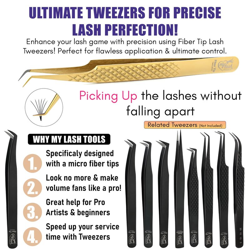 Fiber Tip Lash Tweezer 45 Degree Tip – Non Slip Diamond Grip, Precision Stainless Steel Eyelash Extension Tool, Professional Volume & Classic Lash Applicator for Salon and Home Use (Gold)