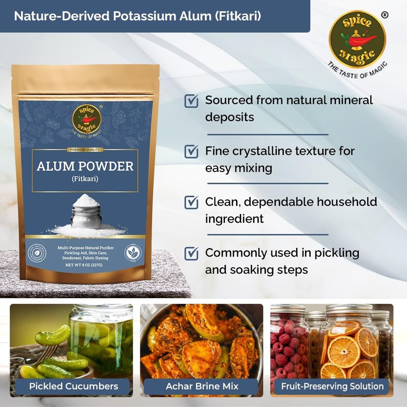 Spice Magic White Alum Powder 8oz (227g) | 100% Pure Natural Potassium Alum Powder (Fitkari/Phitkari) Alumbre en Polvo for Odor Control, Aftershave, Minor Cuts, Pickling & Skin Care