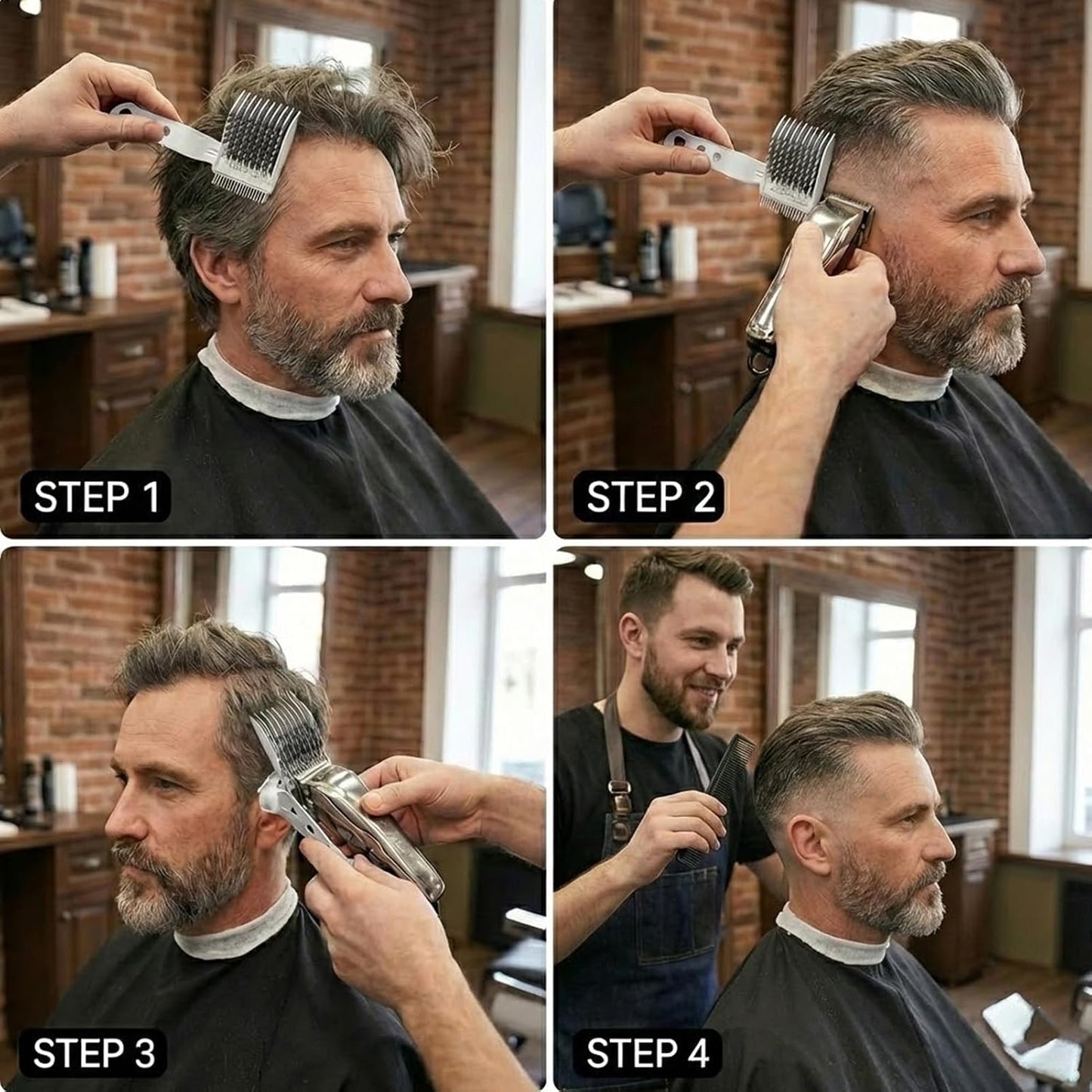 Professional Barber Fade Comb Set - Ergonomic Hair Cutting Tool with 4 Interchangeable Heads | Smooth Blending & Long Handle
