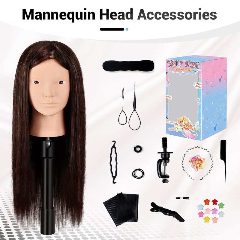 Mannequin Head - 26" Straight Hair Manikin with 80% Human Hair | Cosmetology Training Doll, Dark Brown