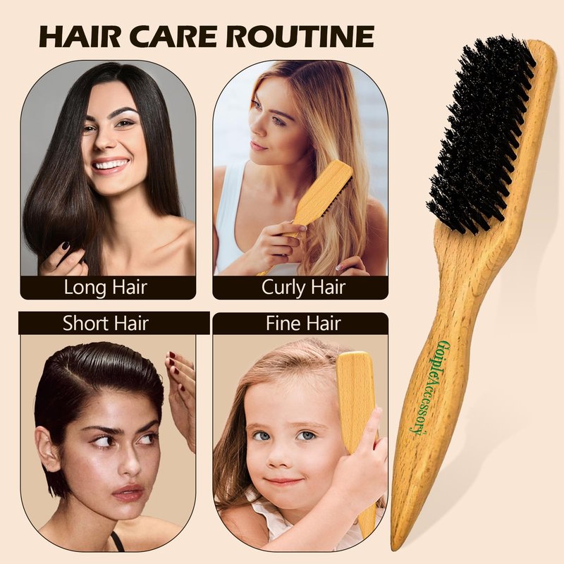 Boar Bristle Slick Back Hair Brush for Sleek Ponytail Bun & Smoothing Baby Hairs & Flyaways - Soft Boar Brush Hair Comb for Women & Men - Teasing Hairbrush with Wide Rat Tail for Sectioning & Parting