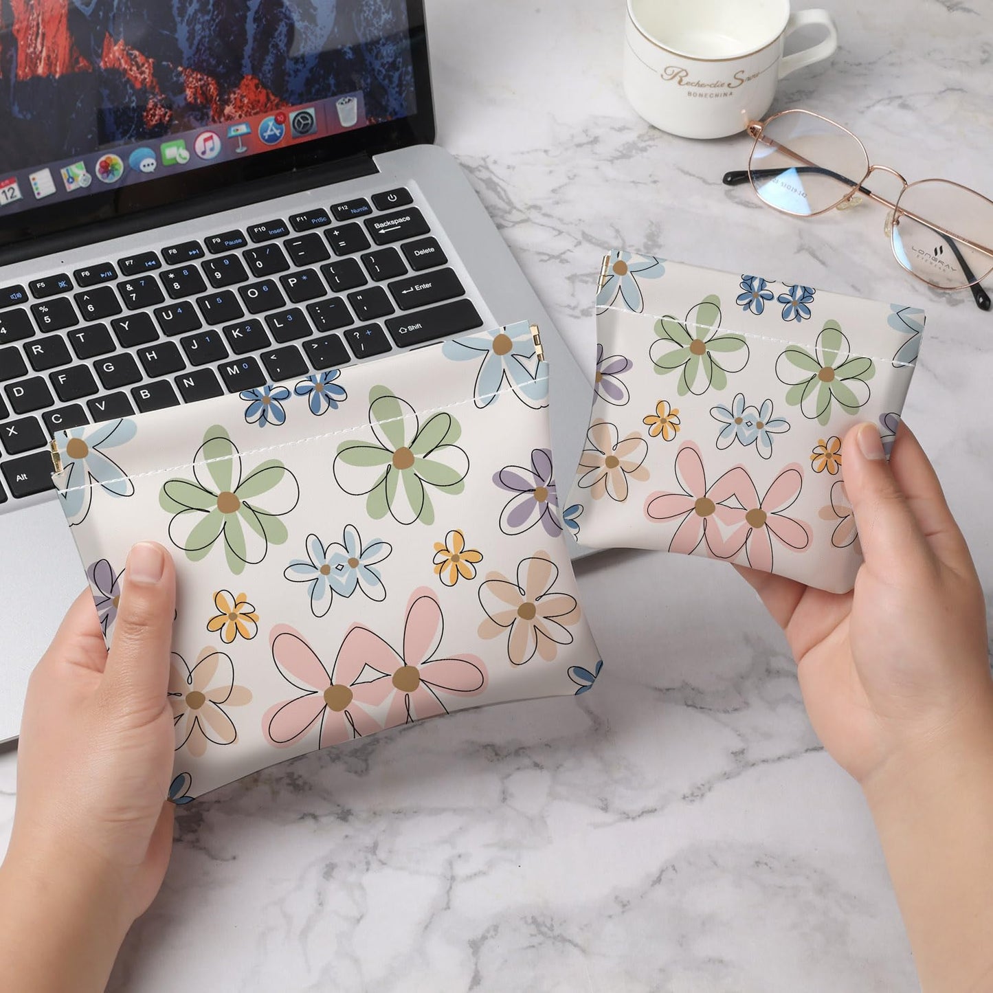 Luoycxy 2 PCS PU Leather Small Makeup Bag Set for Purse,No Zipper Self-closing Cosmetic Bag, Portable Coin Purse Lipstick Accessories Organizer Travel Toiletry Storage Pouch for Women,Line Flower A