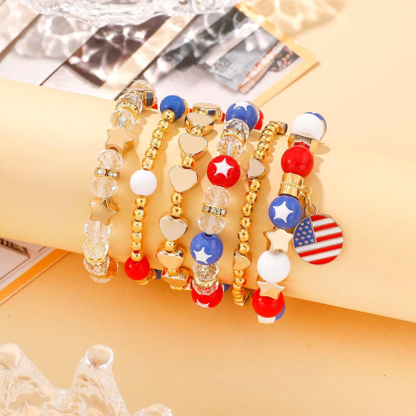 CANUMARA 4th of July Patriotic Bracelets for Women Men Teens – Red White Blue Beaded Stackable Stretch Bracelets – USA Independence Day Gifts – American Flag Handmade Jewelry(SSL-1 6T)
