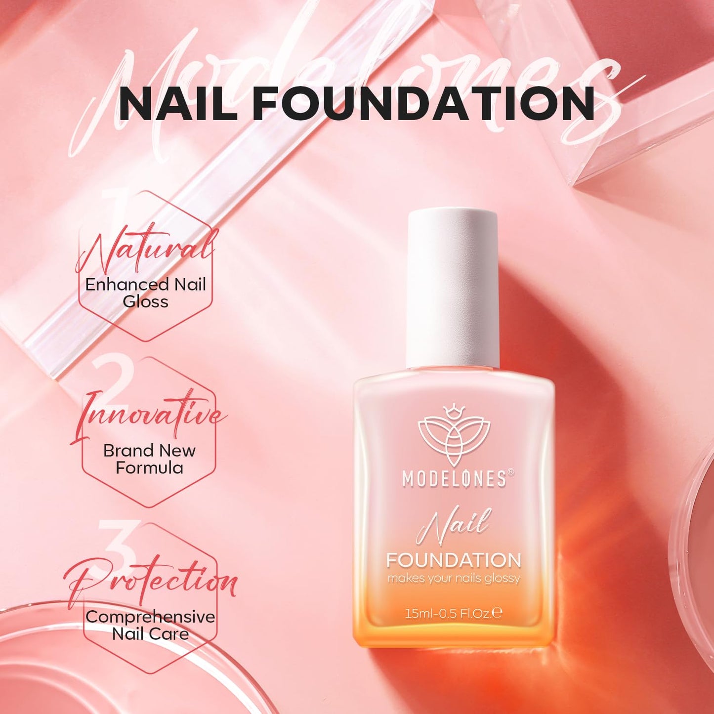 Modelones Nail Strengthener - Peachy Pink Repair Polish for Damaged Nails | 15ml Natural Growth & Concealer