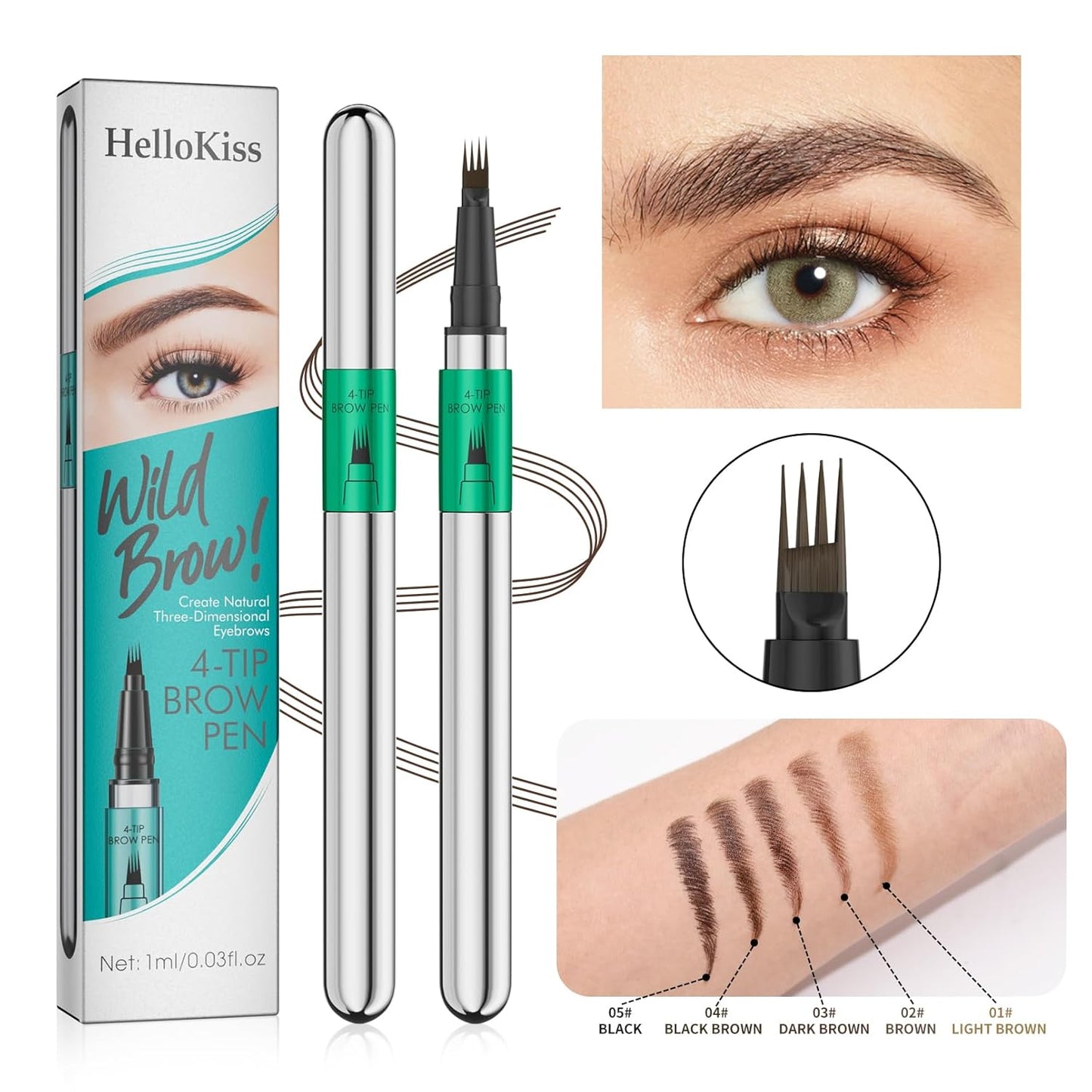 Microblading Eyebrow Pen Set - 3D Waterproof 4-Tip Precision Pencil & Brush | Long-Lasting Dark Brown