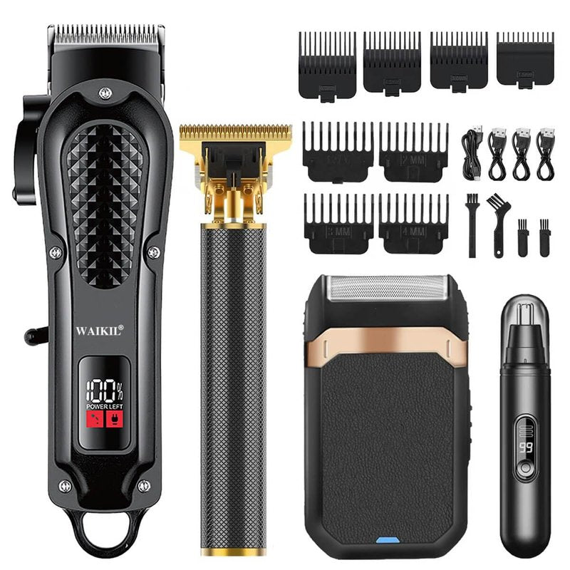 WAIKIL Professional Hair Clippers for Men with T-Blade Trimmer, Foil Shaver & Nose Hair Trimmer, Cordless Barber Kit with Guards, Rechargeable Grooming Set for Beard, Hair, Face & Body