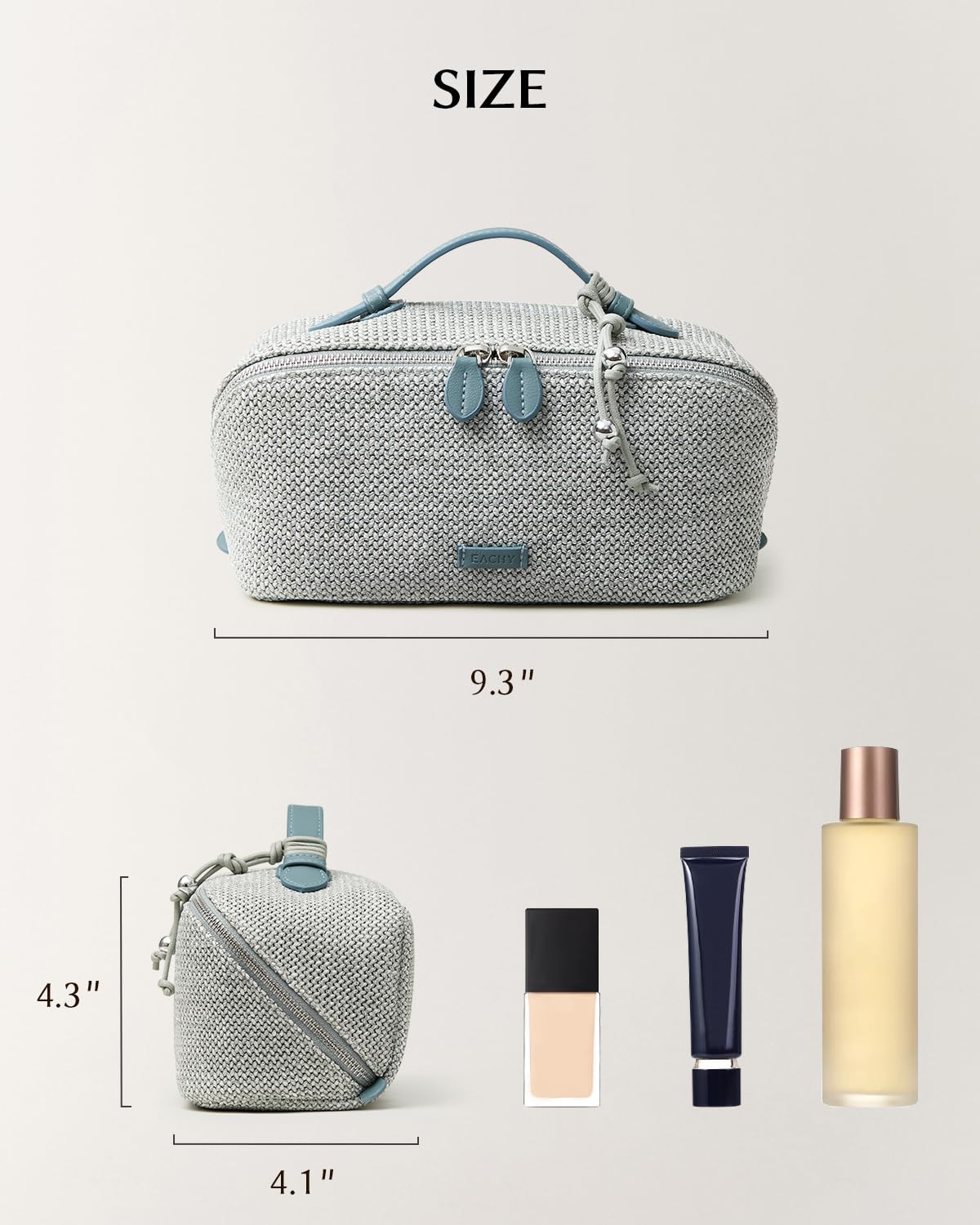 EACHY Travel Makeup Bag, Woven Travel Toiletry Bag, Portable 180° Wide-Open Flat Cosmetic Bags for Women, Large Capacity Makeup Pouch with Divider and Handle