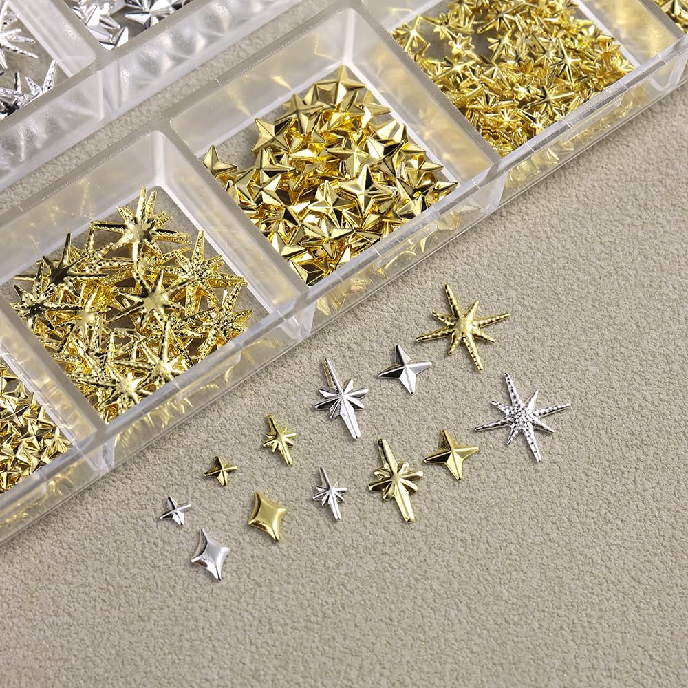 3D Star Metal Nail Art Charms, Mixed Styles Gold Silver Star Alloy Nail Rivets Jewelry Metallic Studs Rhinestones Star Manicure Decorations for Women Girls Nails Supplies DIY Crafts