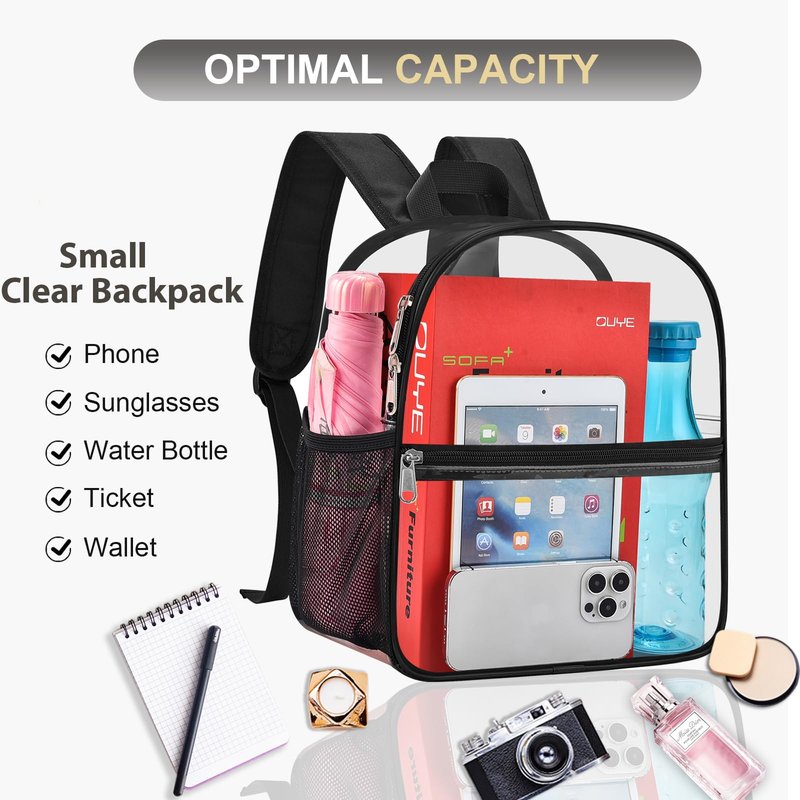 Oraben Clear Backpack Stadium Approved, Clear Bag 12 x 6 x 11 in, Small Transparent Backpack for Concerts, Sports Events, Festivals, Waterproof, Adjustable Straps, Women Men