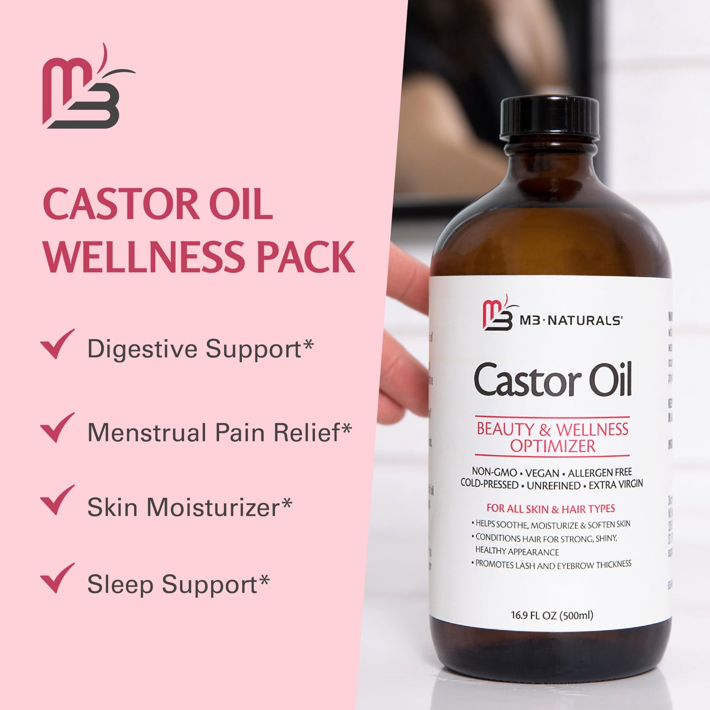 Pure Castor Oil Pack Kit, Large Hexane-Free Cold-Pressed in Glass Bottle with Adjustable Reusable Organic Cotton Wrap for Detox and Wellness (1 of Each) by M3 Naturals