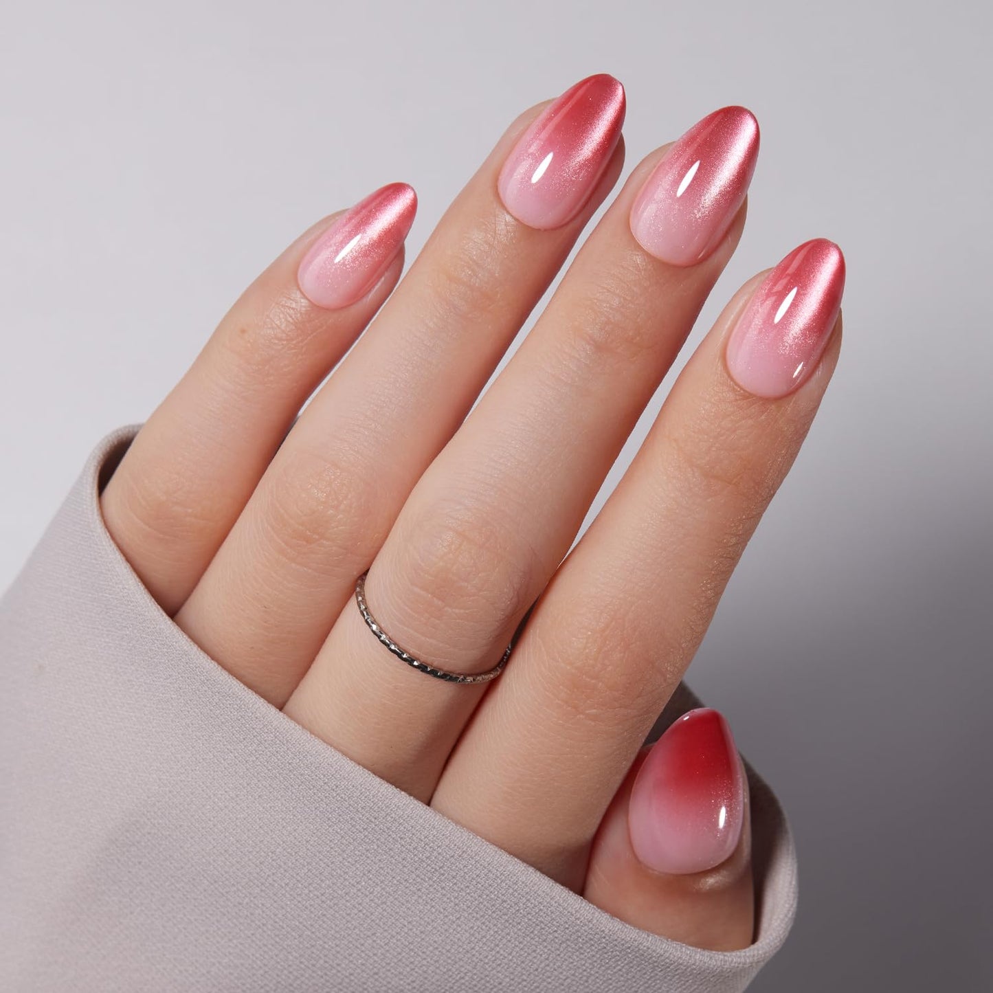 VSALON Press On Nails Short Almond, Pink Cat Eye Ombre Fake Nails Kit