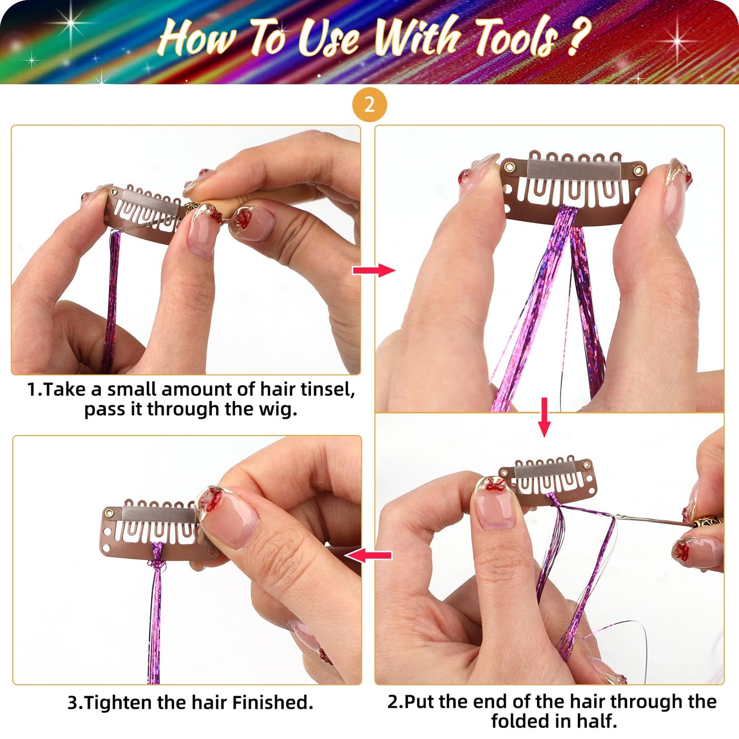 20 Colors Hair Tinsel Kit, 47 Inches 4800 Strands Glitter Tinsel Hair Extensions, Heat Resistant Fairy Hair Tinsel Kit with Tools for Girls Women Christmas New Year Halloween Cosplay Party