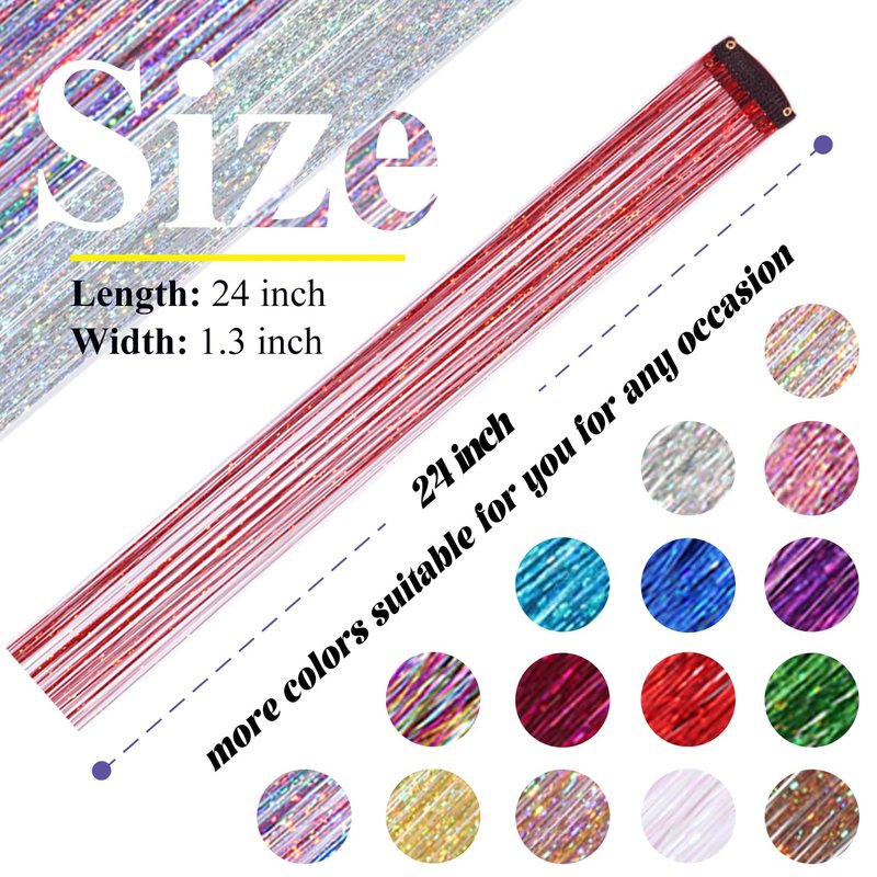 Hair Tinsel Kit - 12 Pcs Red Glitter Clip-In Extensions for Girls & Women | 24 Inch Festival Party Hair