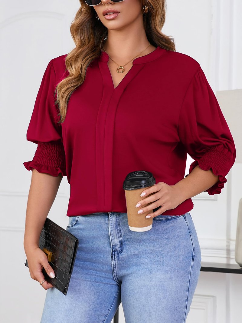 Tewsut Womens Plus Size Tops Oversized T Shirts Dressy V Neck Summer Blouses Casual Tunic Puff Short Sleeve Tops 1X-5X Burgundy