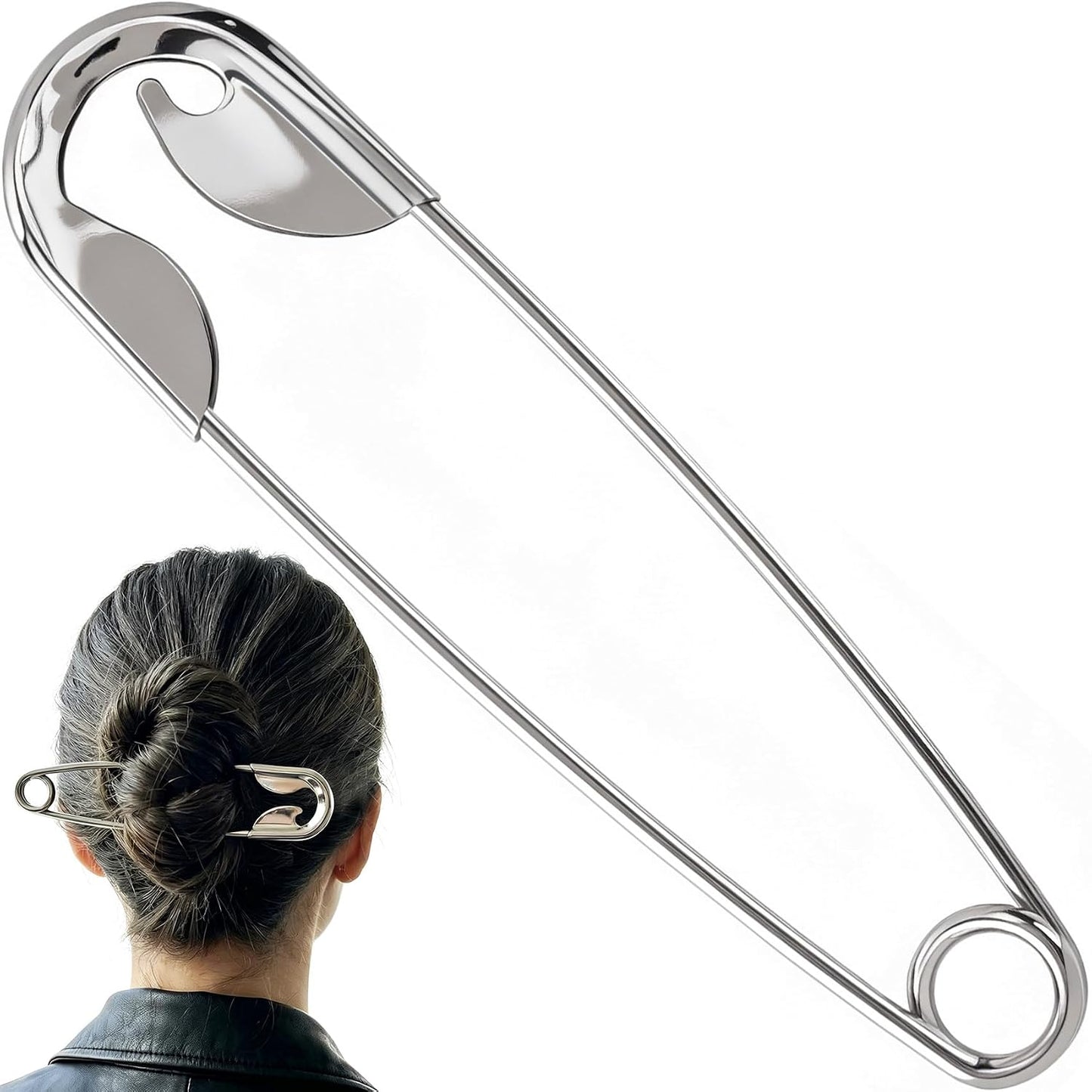 Large Safety Pin Hair Clips - Alloy French Fork Stick Pins | 2-Piece Set for Women - Silver Hair Accessories
