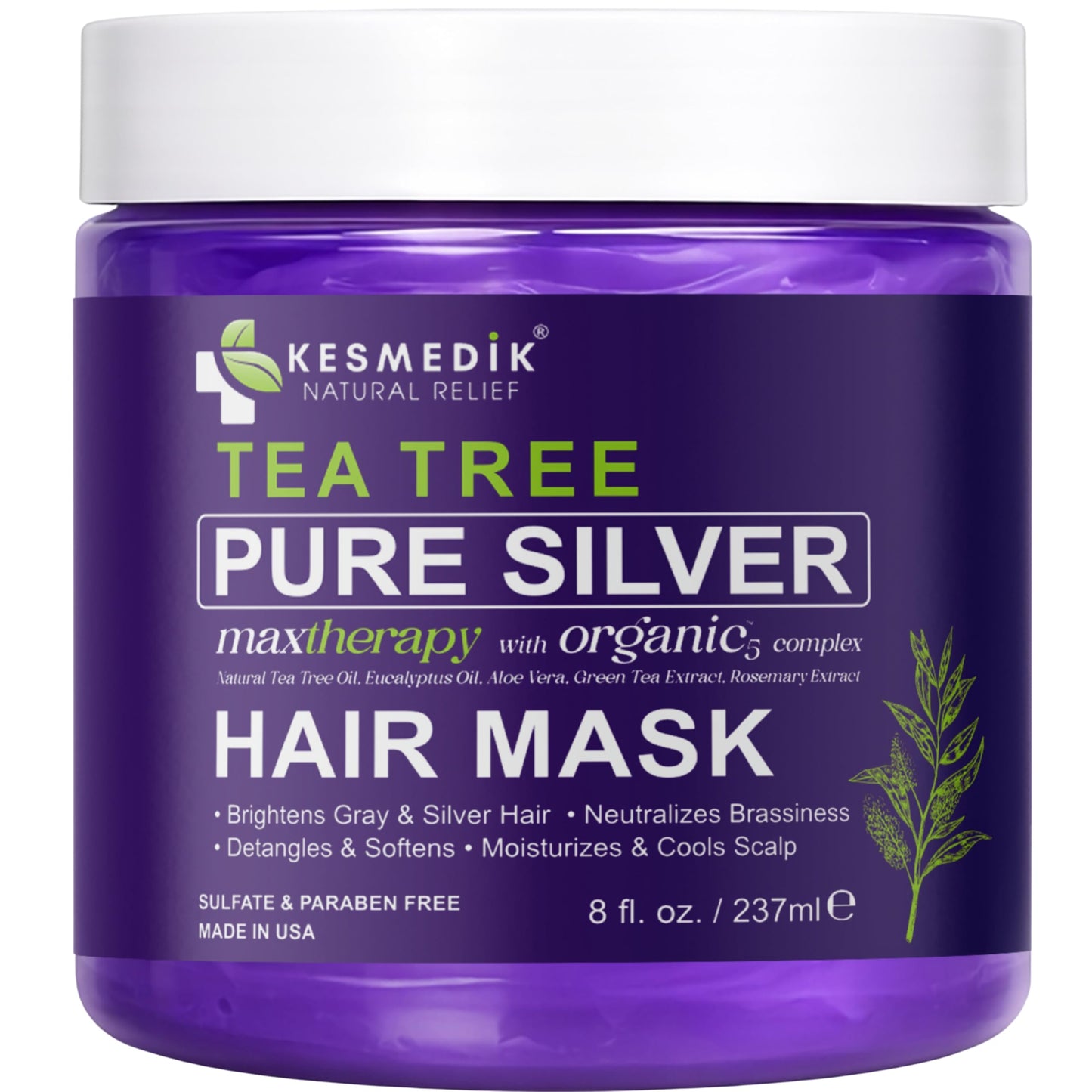 KESMEDIK Tea Tree Purple Hair Mask, Pure Silver Formula for Brassy Yellow Tones, Deep Conditioning with Tea Tree & Argan Oil for Dry Damaged Bleached, Blonde & Gray Hair, Flaky Itchy Scalp Care