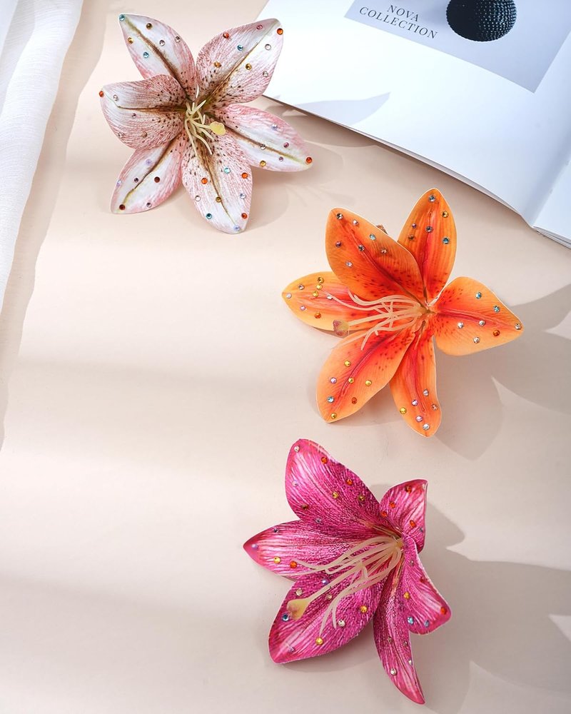 Hawaiian Flower Hair Clips - 3 Pack Tropical Orchid Hair Pins | Rhinestone Accessories for Weddings & Beach Parties (Orange Lily)