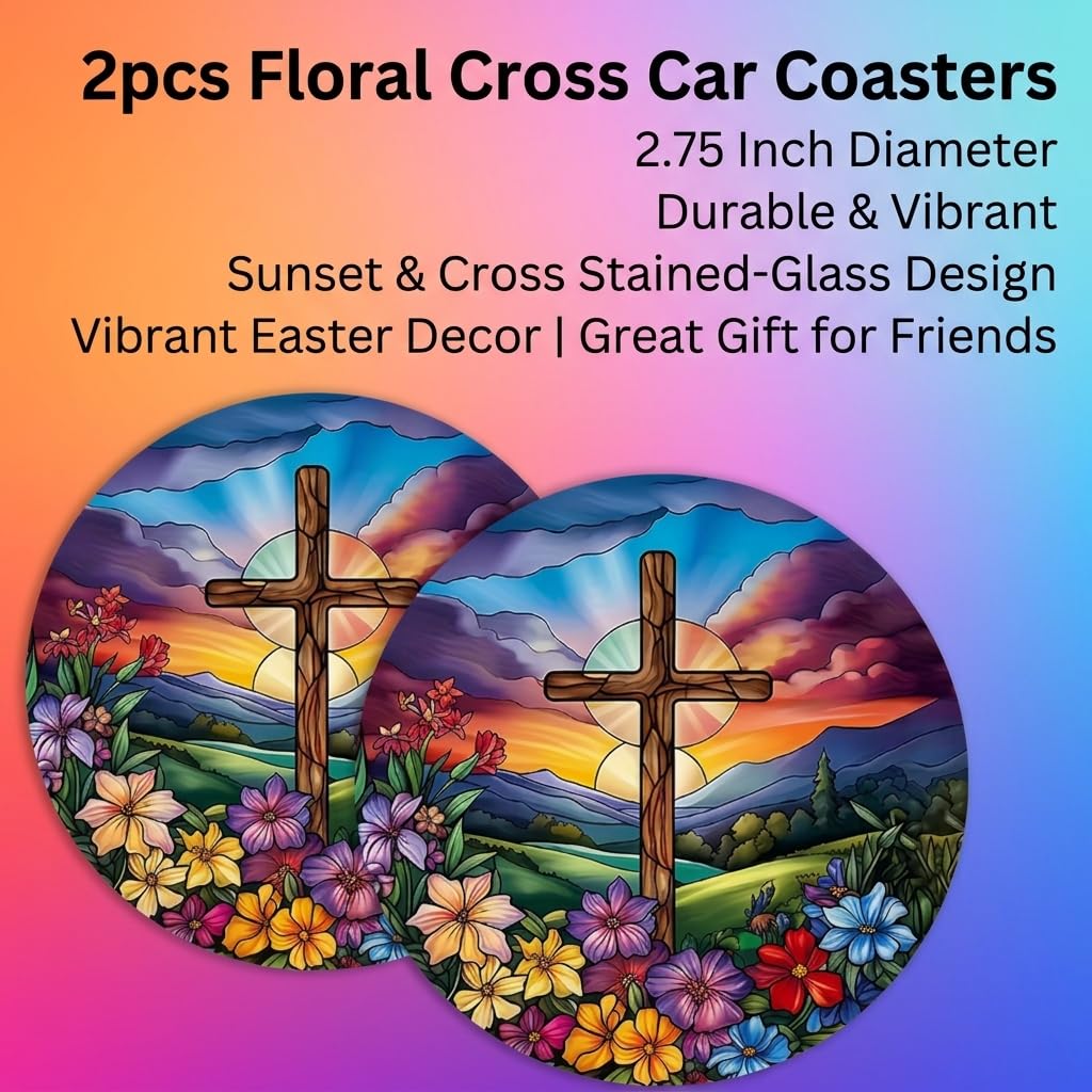 2pcs Floral Cross Car Coasters - 2.75 Inch Sunset & Cross Design, Durable Car Interior Accessories for Car Cup Holder Coaster for Friends Vibrant Sunset Easter Decor